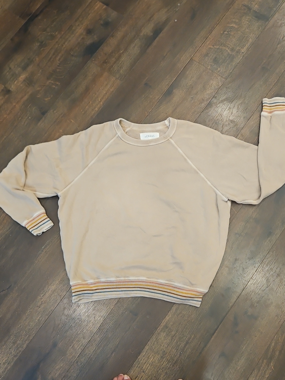 THE GREAT. Distressed  Neutral Cream Sweatshirt with Multicolor Stripe Trim